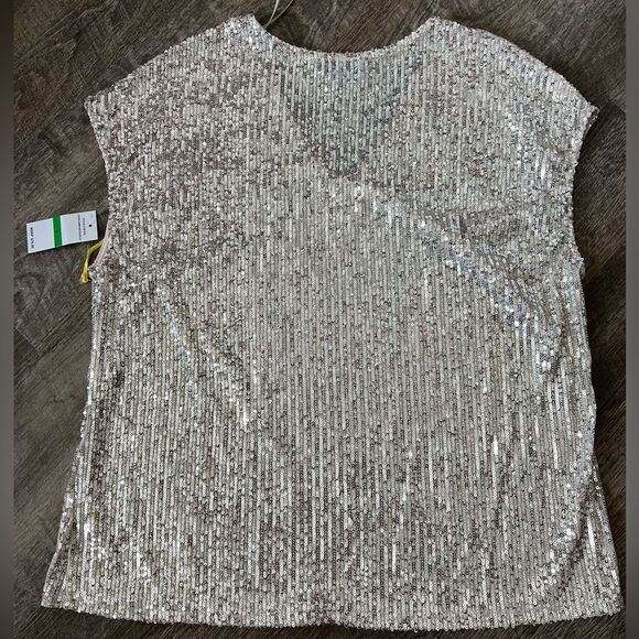 CeCe Sequined V-Neck Cap-Sleeve Silver Blouse-Size Large - Picture 2 of 6